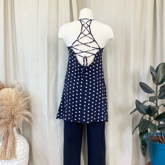 Kimchi Blue strappy halter women’s top beautiful lace-up navy silky sleeveless - Picture 7 of 7